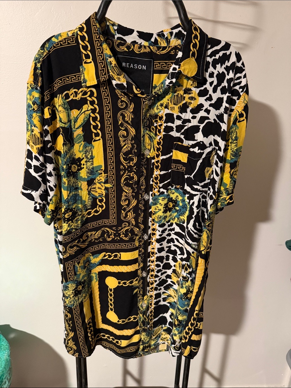 REASON Black, Yellow & White Short Sleeve Button-Up Shirt